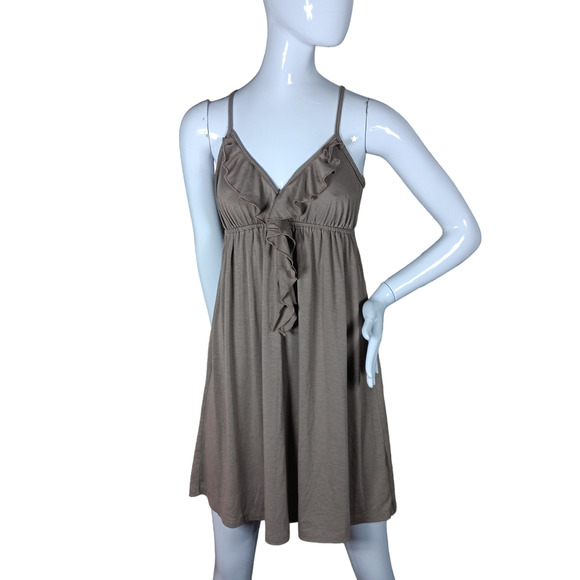 Soprano Jersey Flowy Dress Size Small Mocha Brown Sleeveless Ruffled Neckline - Picture 1 of 8